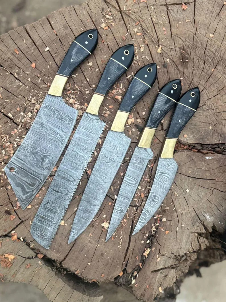 5-Piece Damascus Steel Chef Knife Set – Black Ebony & Brass Handle with Leather Roll