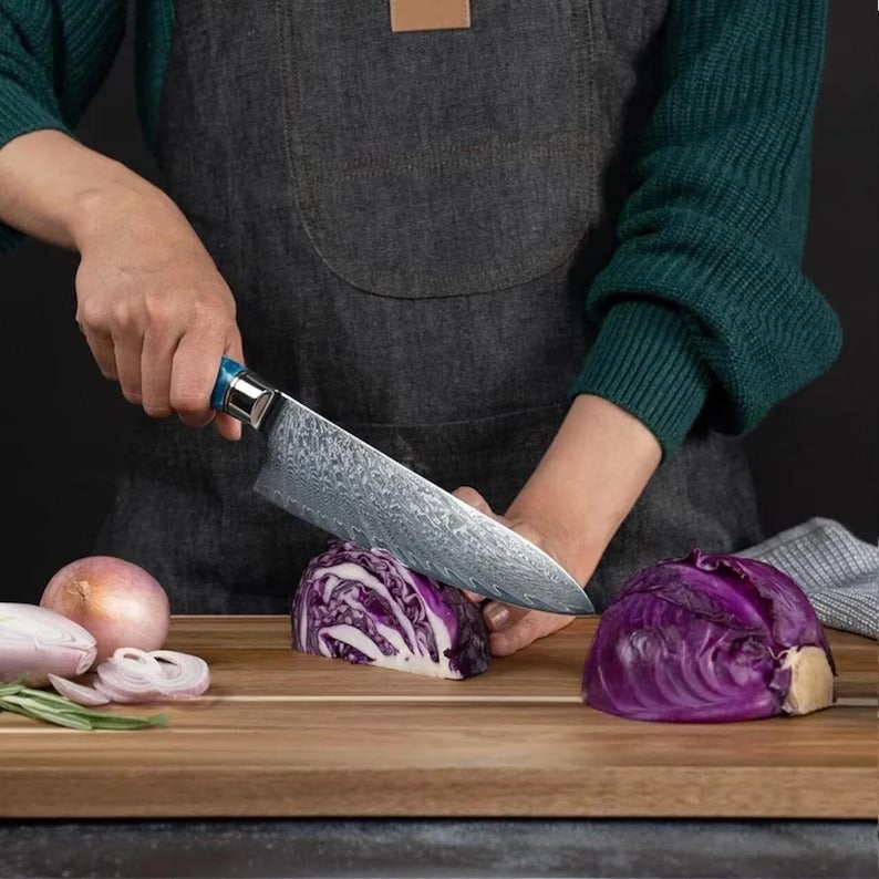 7-Piece Damascus Steel Chef Knife Set – Blue Resin & Burl Wood Handle