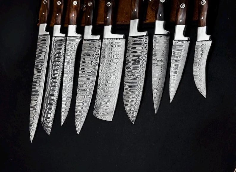 Handmade Damascus Steel 9-Piece Chef Knife Set | Wooden Handle