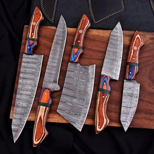 5-Piece Handmade Damascus Steel Chef Knife Set – Leather Sheath Included