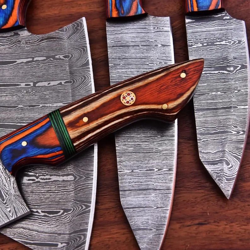 5-Piece Handmade Damascus Steel Chef Knife Set – Leather Sheath Included