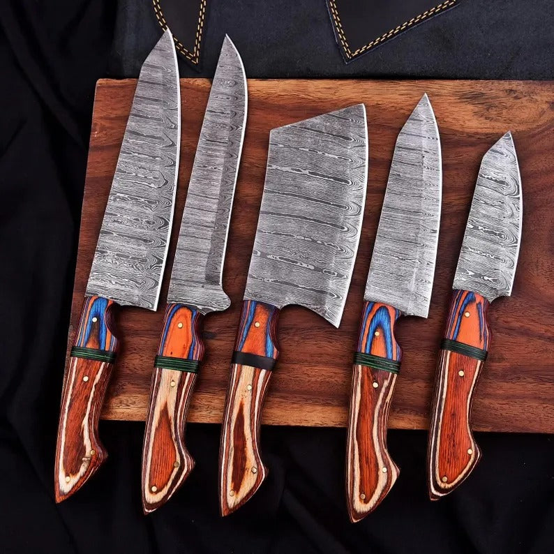 5-Piece Handmade Damascus Steel Chef Knife Set – Leather Sheath Included
