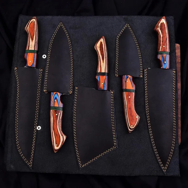 5-Piece Handmade Damascus Steel Chef Knife Set – Leather Sheath Included
