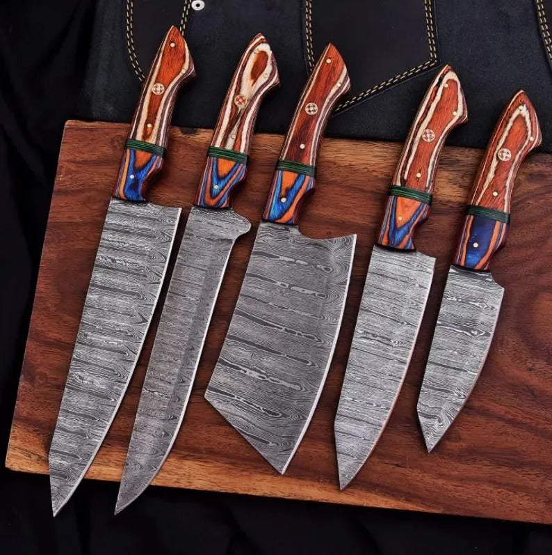 5-Piece Handmade Damascus Steel Chef Knife Set – Leather Sheath Included