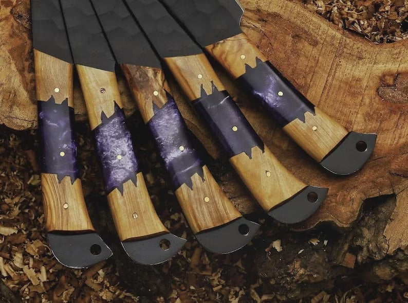 5-Piece Black Carbon Steel Hammered Chef Knife Set – Olive Wood & Purple Resin Handle