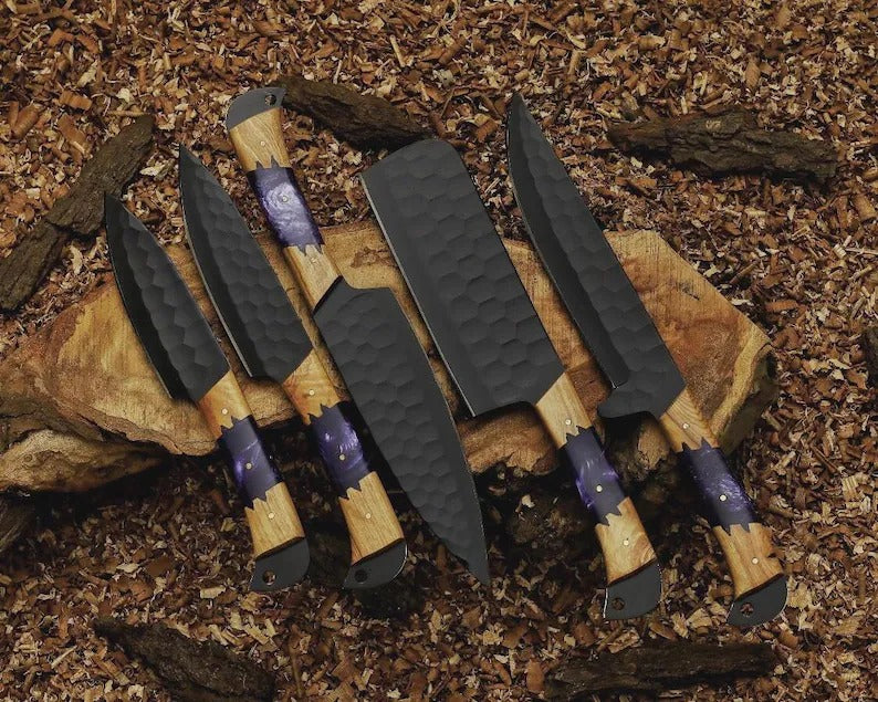 5-Piece Black Carbon Steel Hammered Chef Knife Set – Olive Wood & Purple Resin Handle