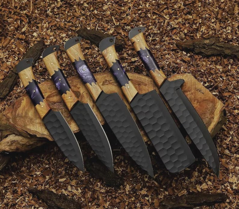 5-Piece Black Carbon Steel Hammered Chef Knife Set – Olive Wood & Purple Resin Handle