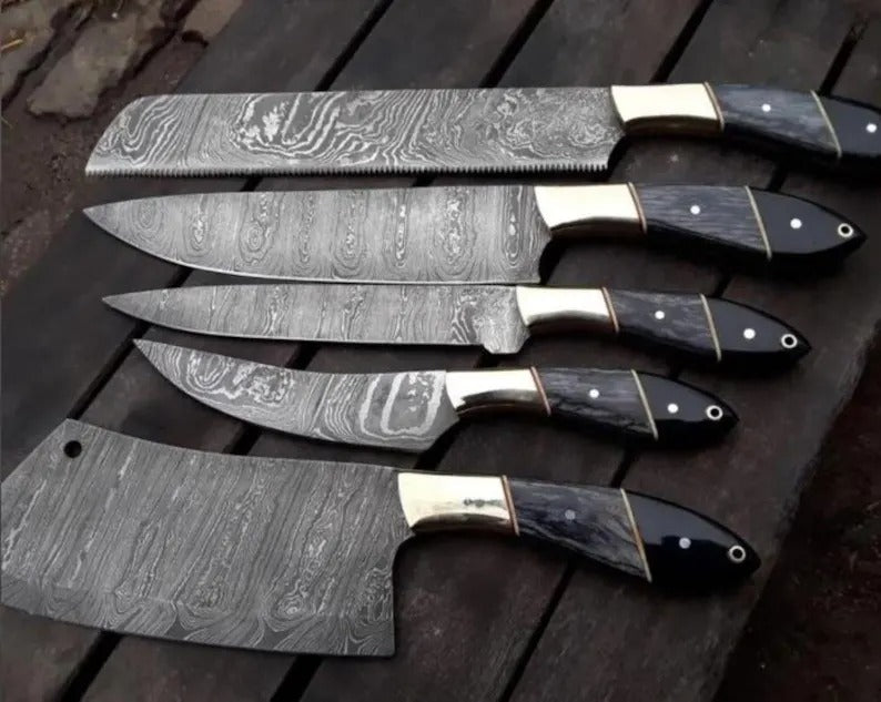 5-Piece Damascus Steel Chef Knife Set – Black Ebony & Brass Handle with Leather Roll