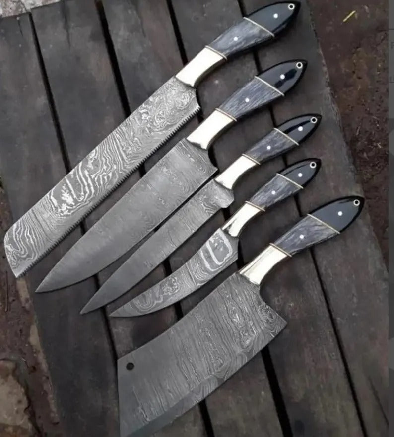 5-Piece Damascus Steel Chef Knife Set – Black Ebony & Brass Handle with Leather Roll