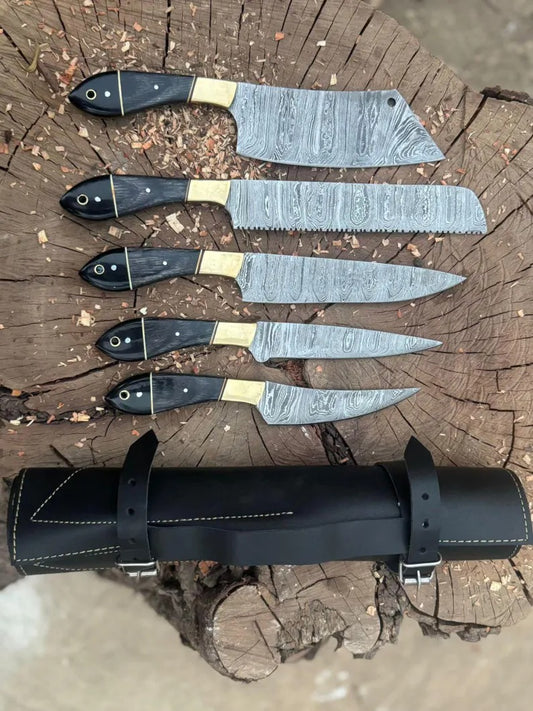 5-Piece Damascus Steel Chef Knife Set – Black Ebony & Brass Handle with Leather Roll