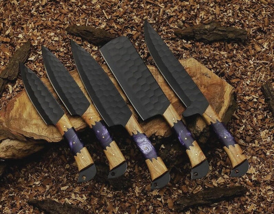 5-Piece Black Carbon Steel Hammered Chef Knife Set – Olive Wood & Purple Resin Handle