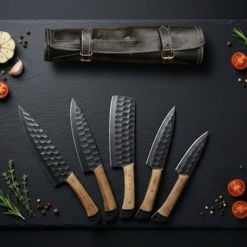 5-Piece Black Hammered Carbon Steel Chef Knife Set – Oak Wood Handle & Leather Roll Case
