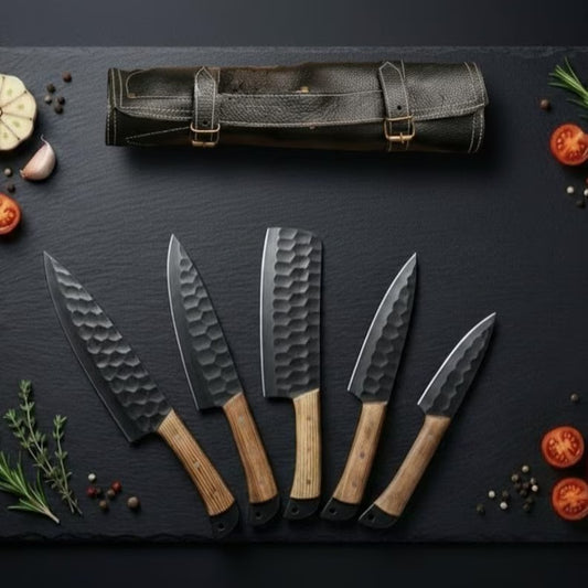 5-Piece Black Hammered Carbon Steel Chef Knife Set – Oak Wood Handle & Leather Roll Case