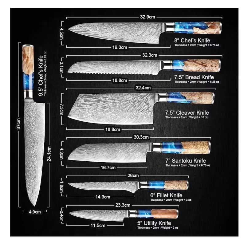 7-Piece Damascus Steel Chef Knife Set – Blue Resin & Burl Wood Handle