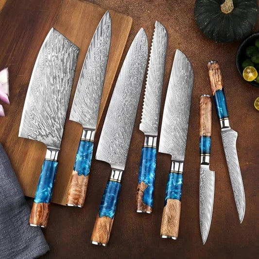 7-Piece Damascus Steel Chef Knife Set – Blue Resin & Burl Wood Handle