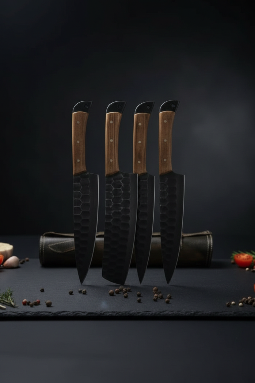 Black Hammered Knife Set Upright