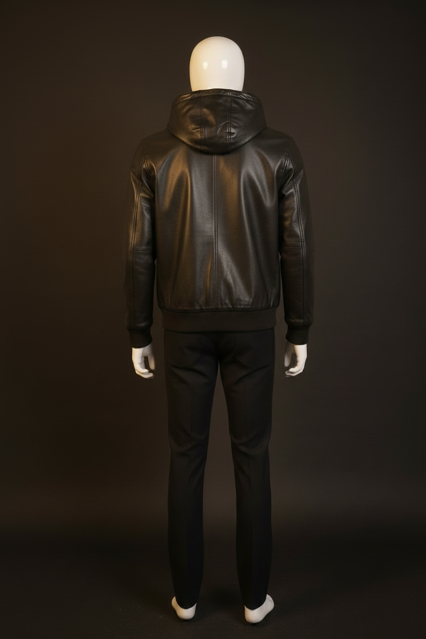 Black Hooded Leather Bomber Jacket – Back View Full Outfit