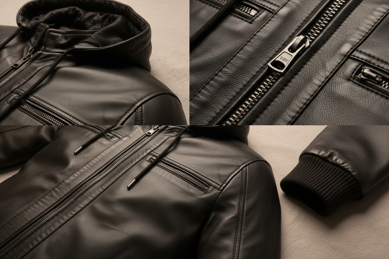 Black Hooded Leather Bomber Jacket – Detail Shot