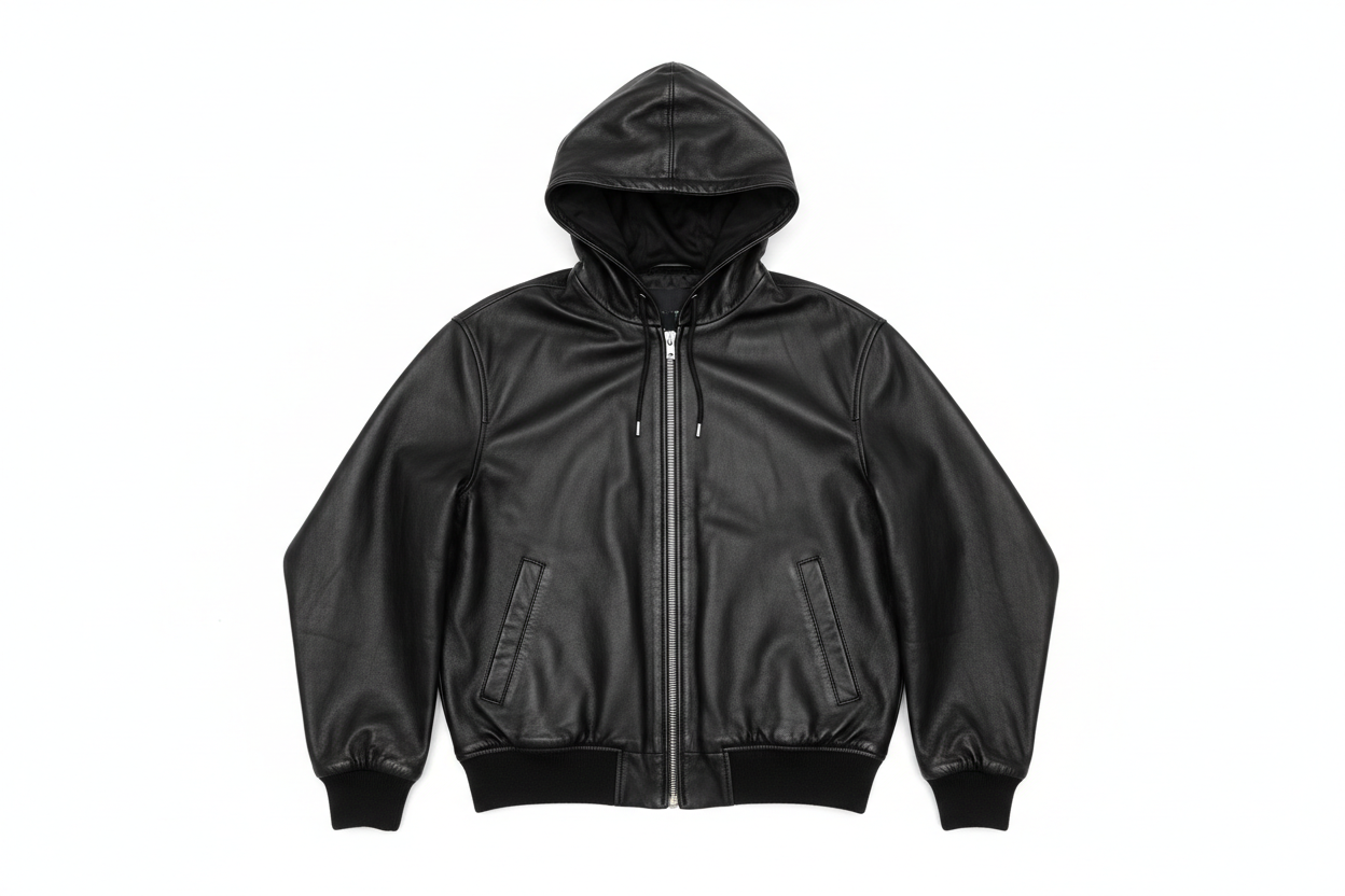 Black Hooded Leather Bomber Jacket – Flat Lay