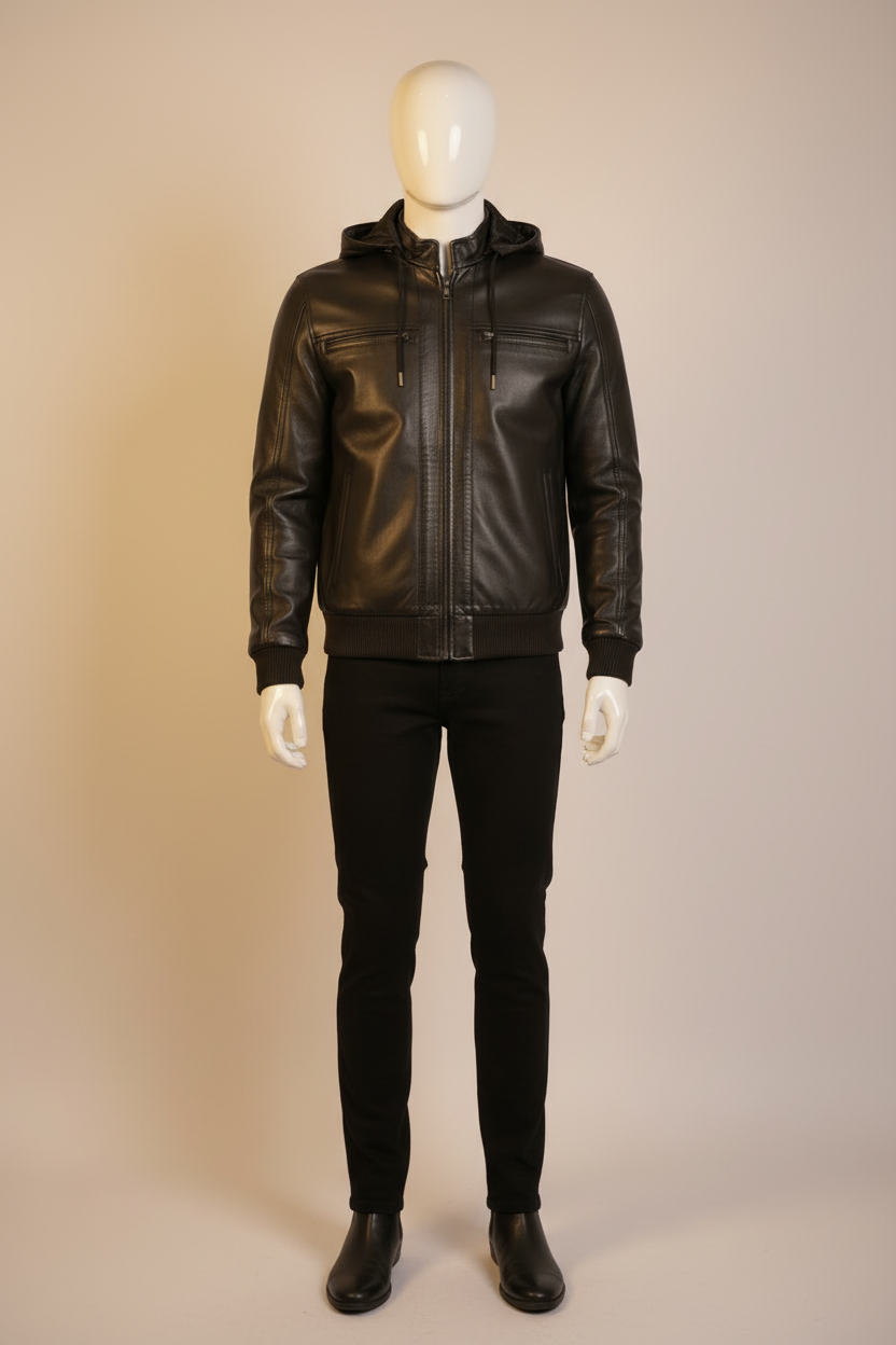 Removable Hood Leather Jacket – Classic Black | 2-in-1 Genuine Leather