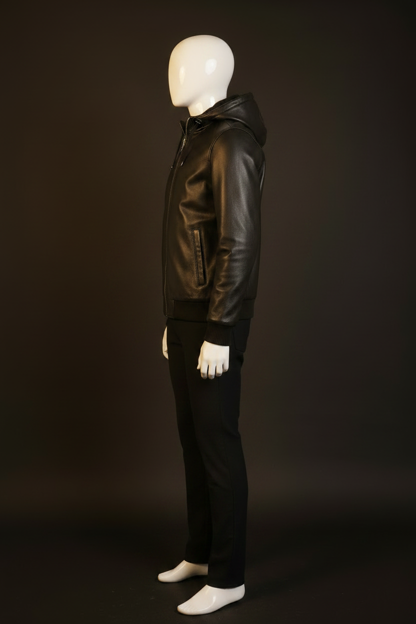 Black Hooded Leather Bomber Jacket – Side Angle View