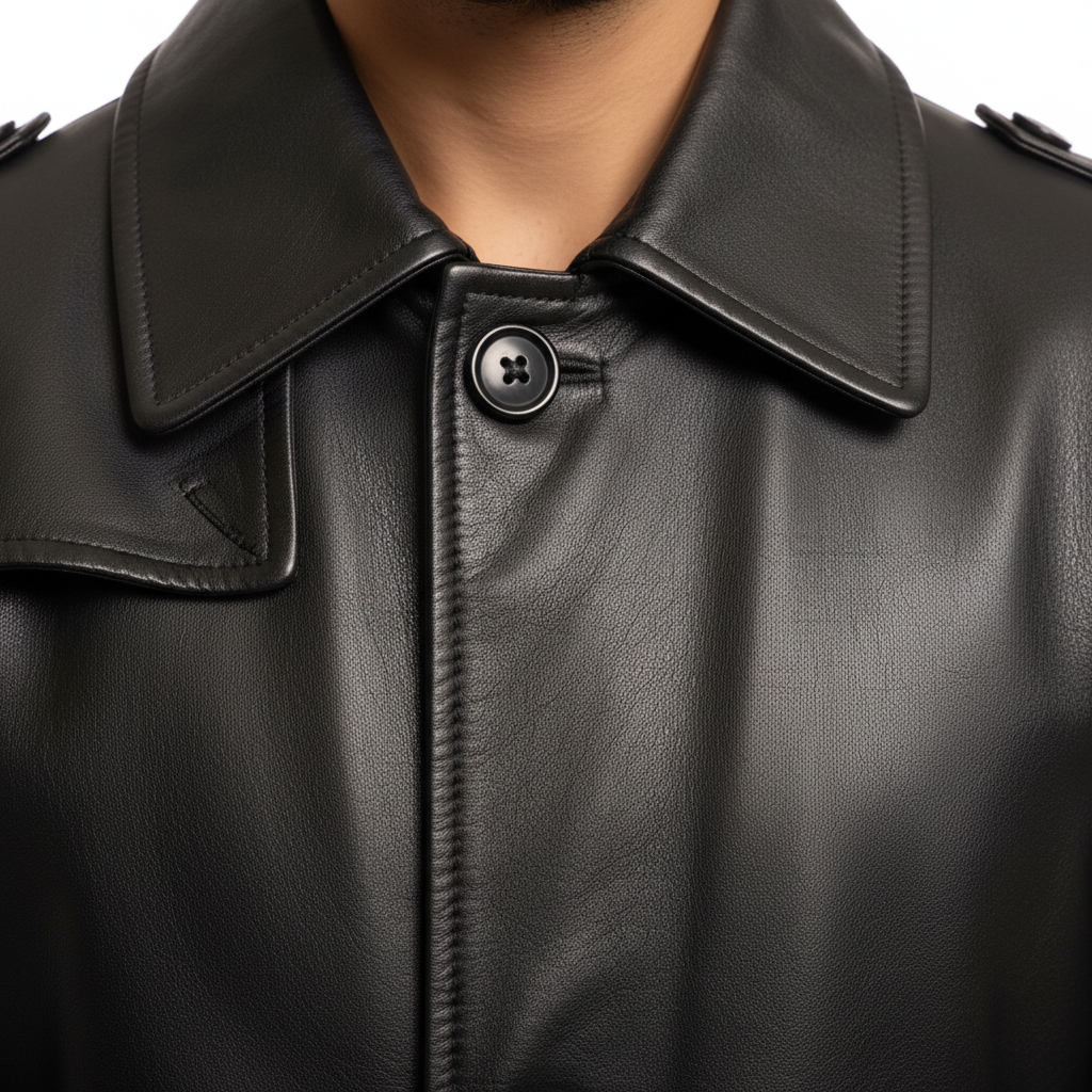 Black Leather Coat – Collar Detail