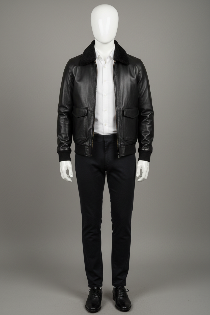 Black Leather Jacket on Mannequin with Suiting