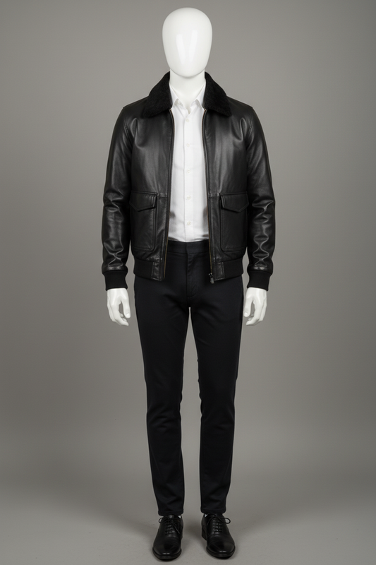 Black Leather Jacket on Mannequin with Suiting