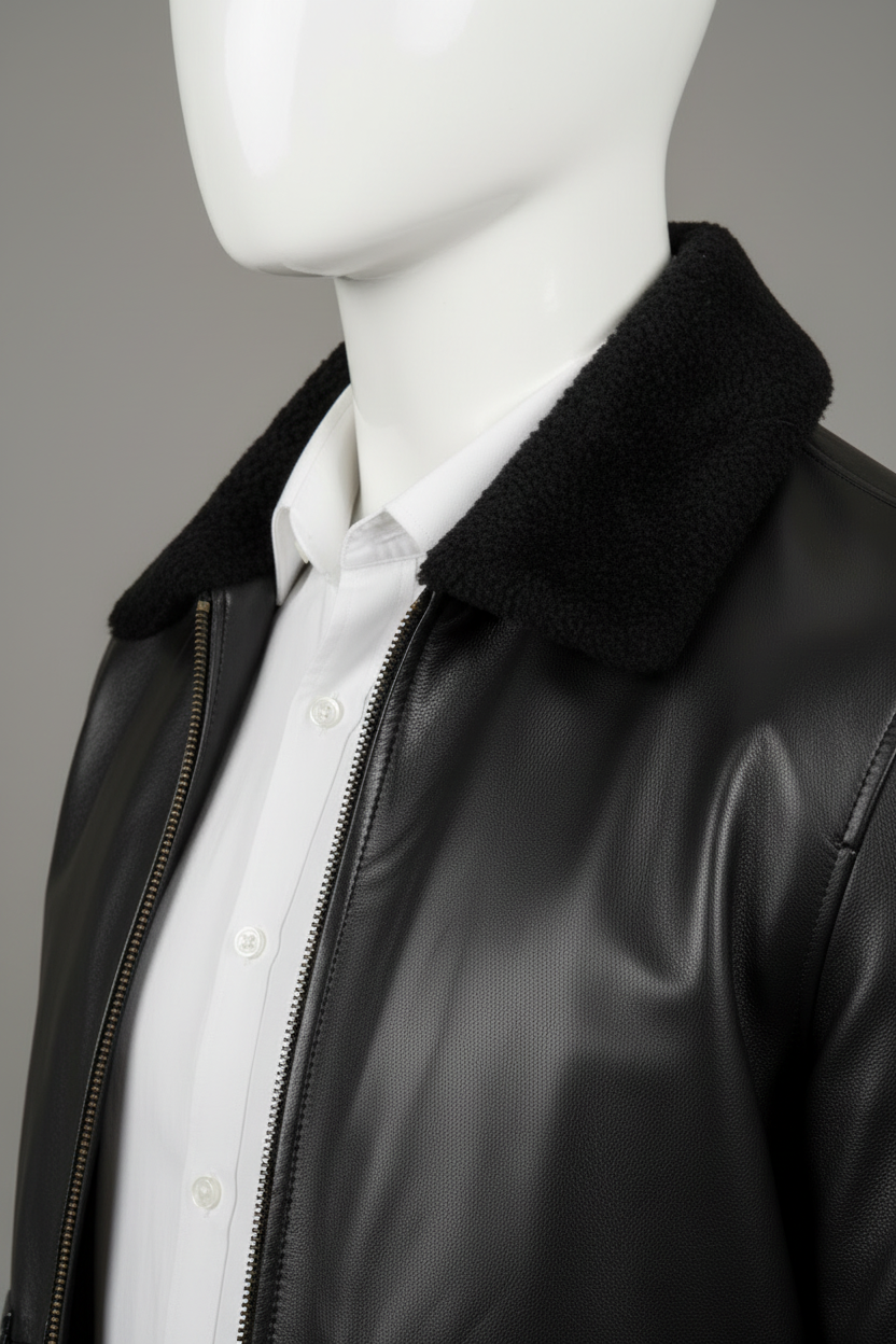 Black Leather Jacket Shearling Collar Detail