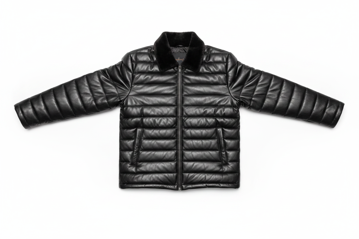 Black Quilted Leather Jacket with Shearling Collar