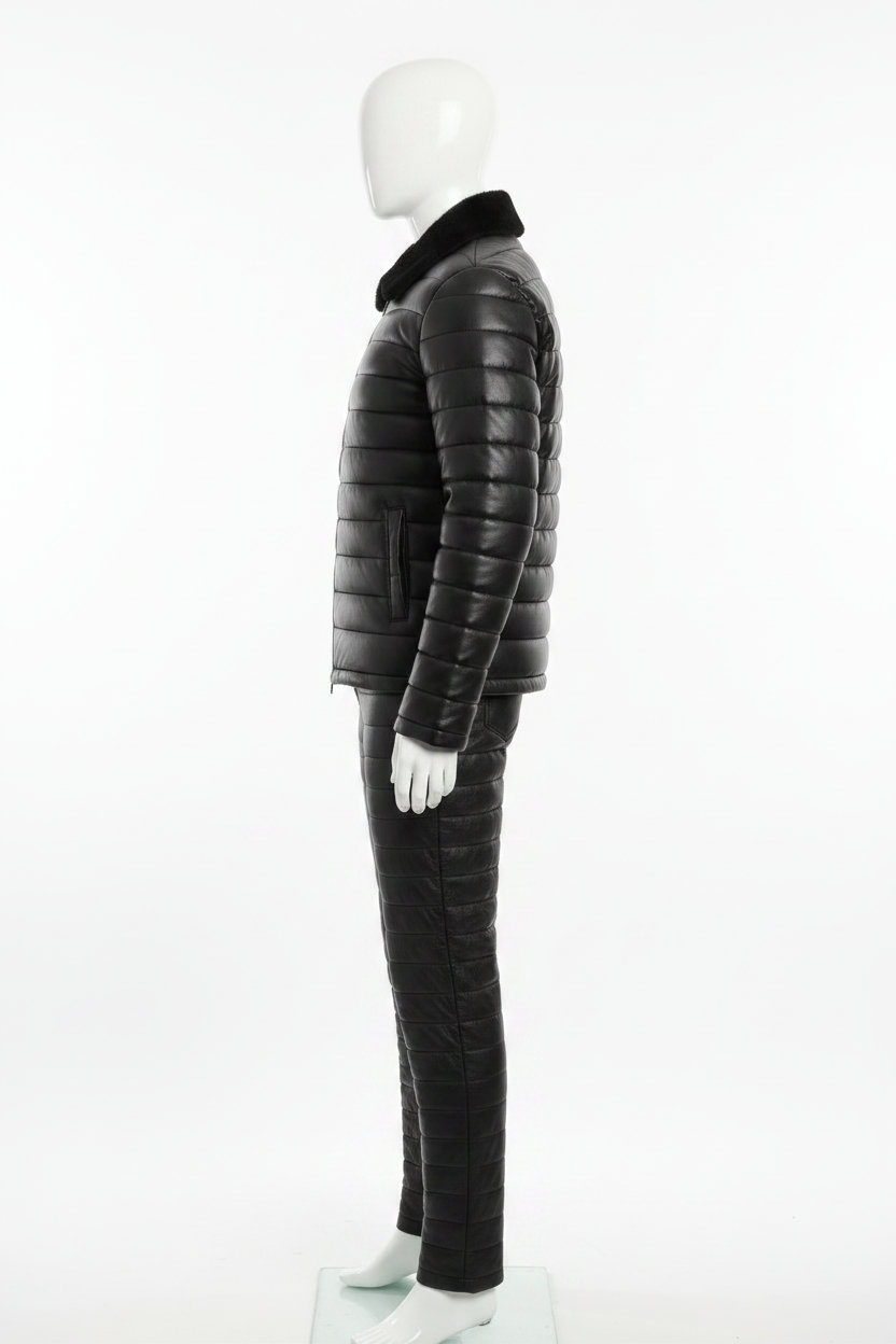 Black Quilted Leather Jacket Side Angle on Mannequin