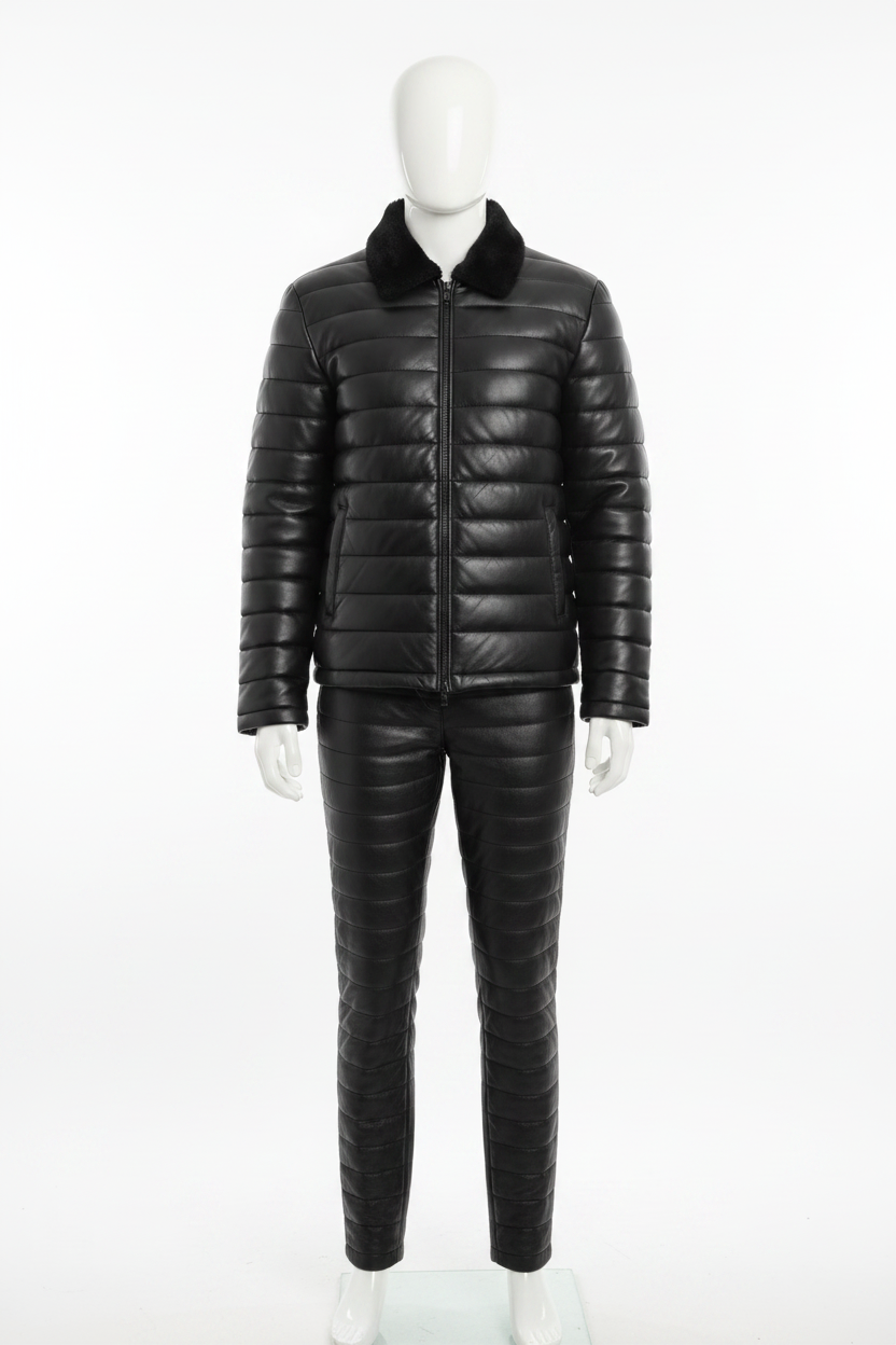 Black Quilted Leather Jacket with Pants on Mannequin