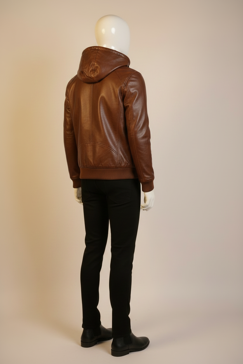 Brown Hooded Leather Bomber Jacket – 3/4 Side Angle
