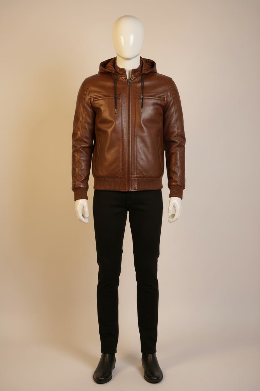 Brown Hooded Leather Bomber Jacket on Mannequin