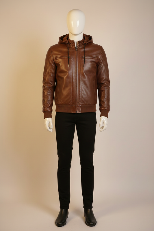Brown Hooded Leather Bomber Jacket on Mannequin