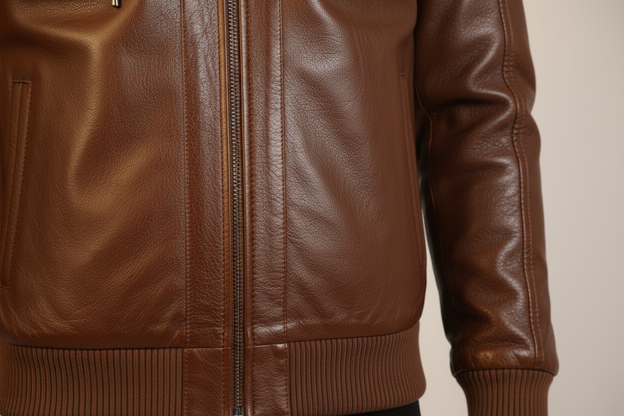 Brown Leather Bomber Jacket – Detail Shot