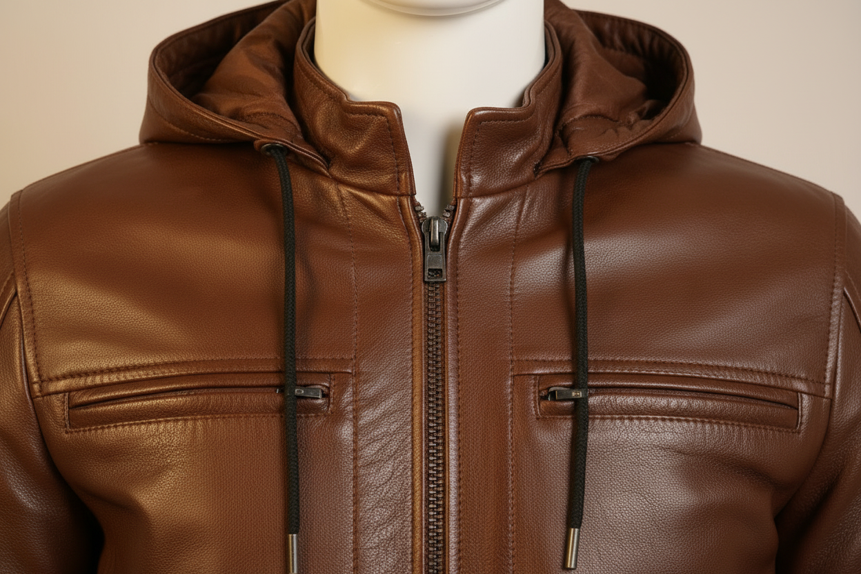 Brown Leather Bomber Jacket – Neck & Hood Detail