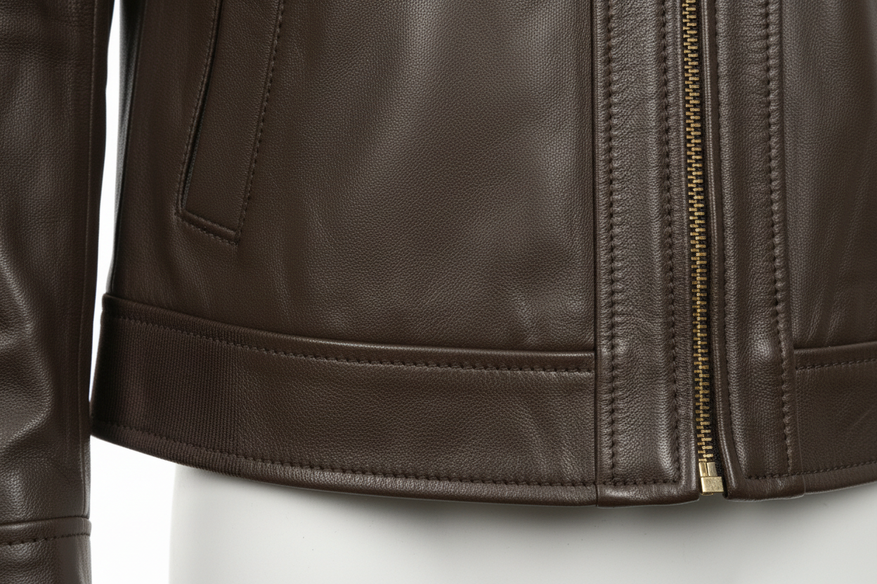 Dark Brown Leather Jacket – Bottom Hem Detail