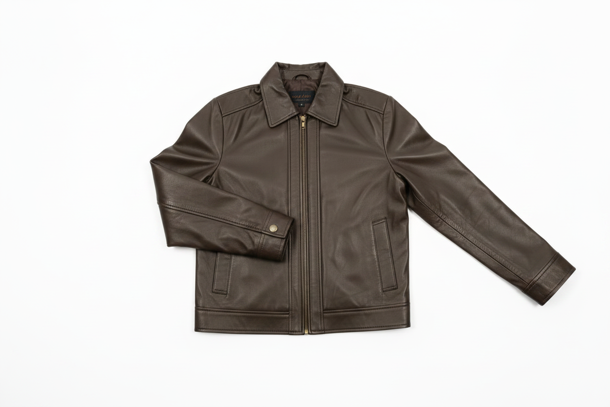 Dark Brown Leather Jacket – HD Angled Editorial Flat Lay
