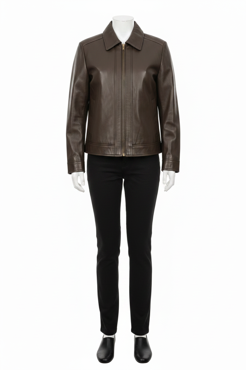 Dark Brown Leather Jacket – Mannequin Front with Pants