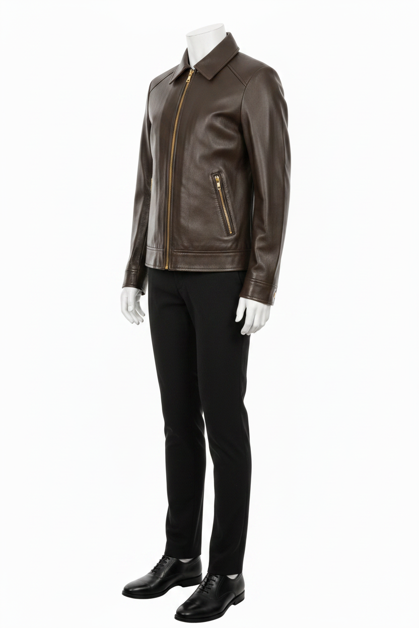 Dark Brown Leather Jacket – Mannequin Side Angle with Pants