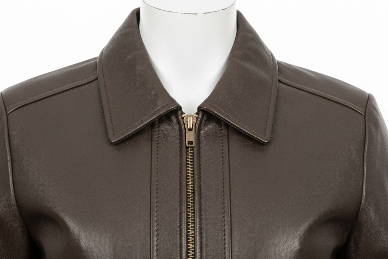 Dark Brown Leather Jacket – Neck & Collar Detail