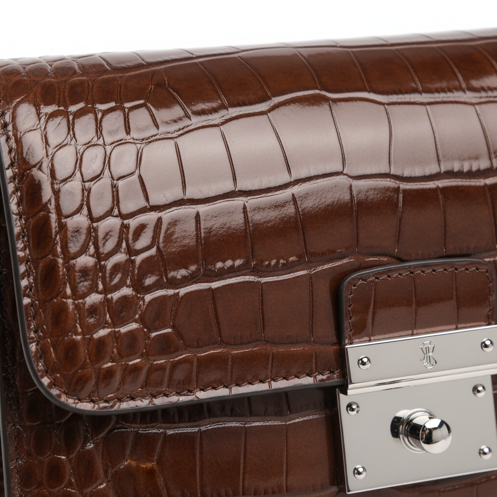 LS09 Dark Brown Patent Croc Leather Texture Detail