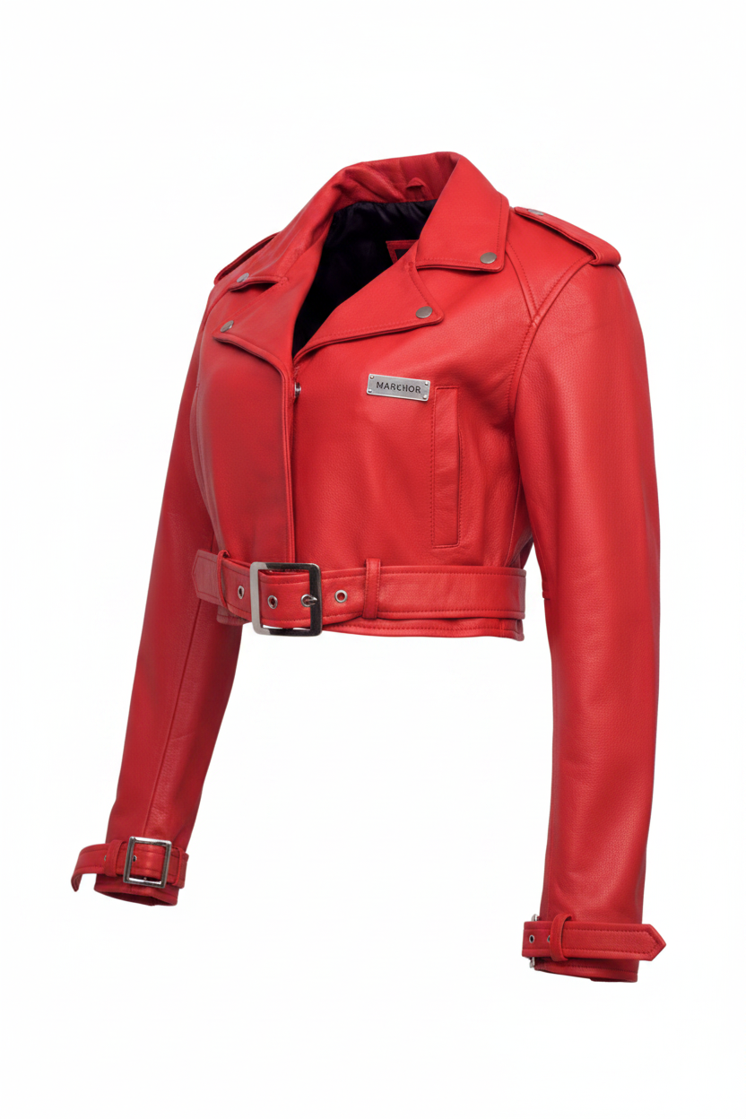 LC03 MARKHOR Women's Red Leather Cropped Biker Jacket - Main Angled Shot