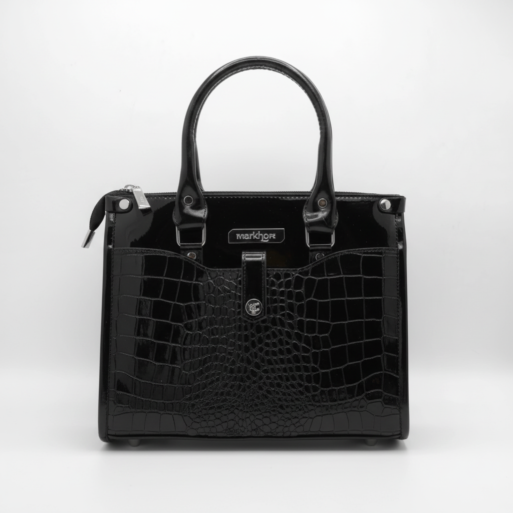 LS06 MARKHOR Black Patent Croc Tote - Front View