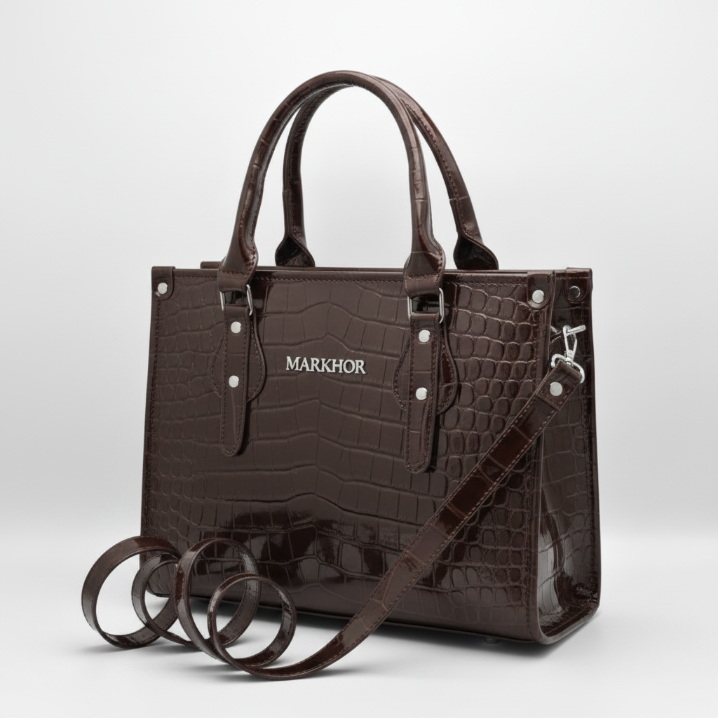 LS07C MARKHOR Dark Brown Patent Croc Tote - Main Shot