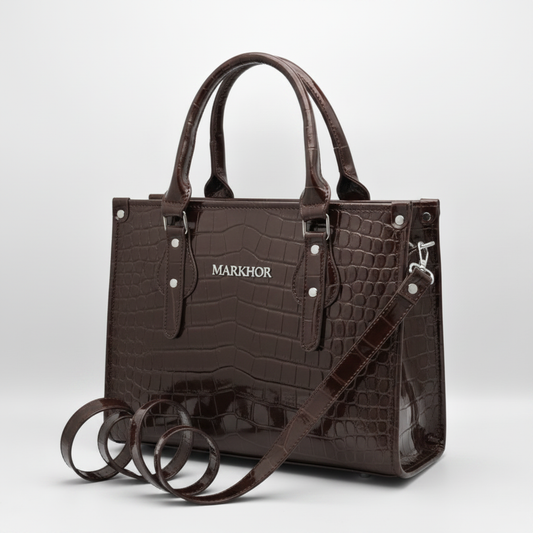 LS07C MARKHOR Dark Brown Patent Croc Tote - Main Shot