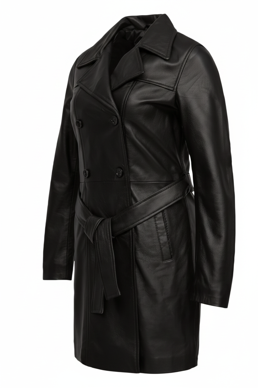 LC01 MARKHOR Women's Black Leather Trench Coat - Main Angled Shot