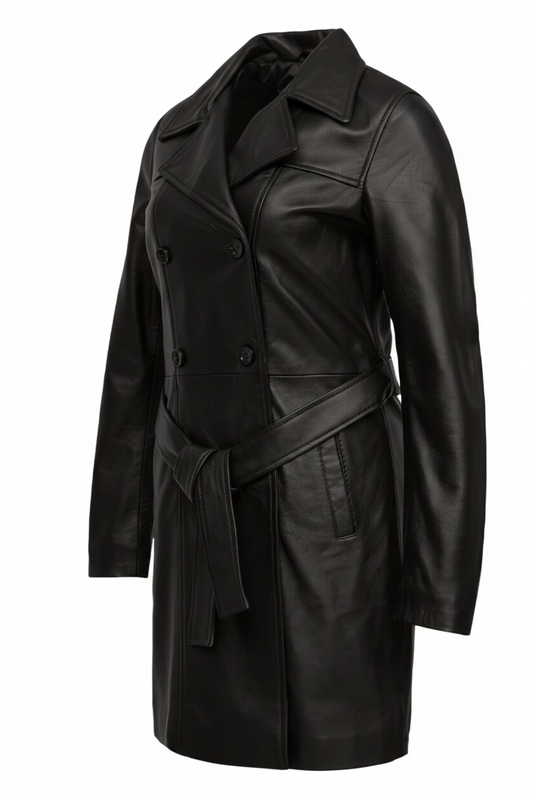 LC01 MARKHOR Women's Black Leather Trench Coat - Main Angled Shot