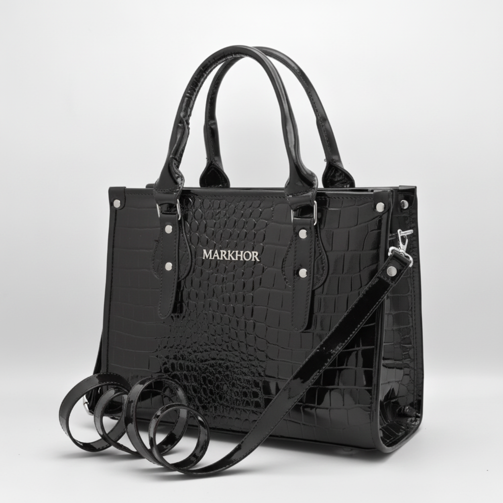 LS07B MARKHOR Black Patent Croc Compact Tote - Main Angled Shot